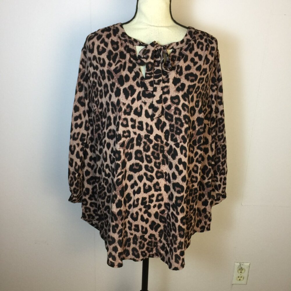 New! Torrid Peasant Blouse Top 2X Womans Plus Tie Front Brown Leopard 3/4 Sleeve